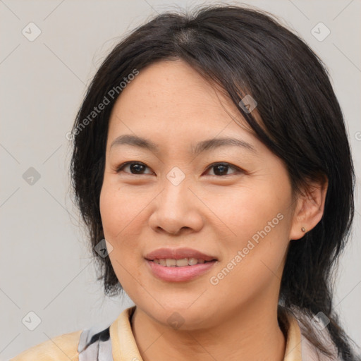 Joyful white adult female with medium  brown hair and brown eyes