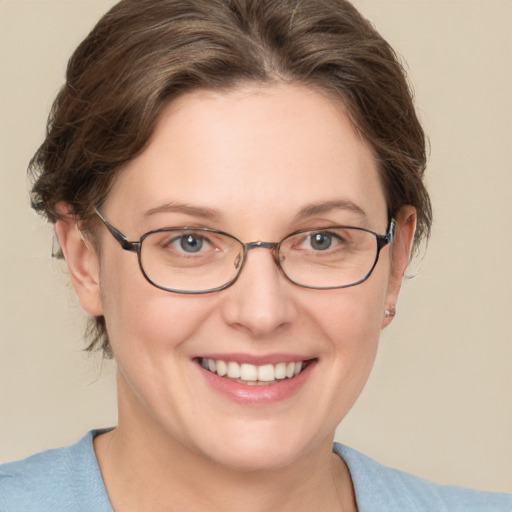 Joyful white adult female with medium  brown hair and blue eyes