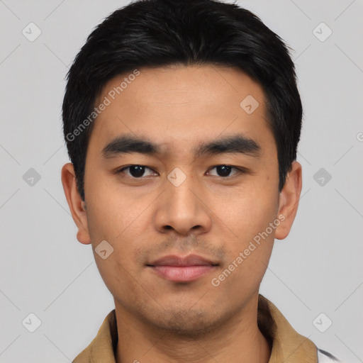 Neutral asian young-adult male with short  black hair and brown eyes