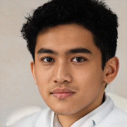Neutral asian young-adult male with short  black hair and brown eyes