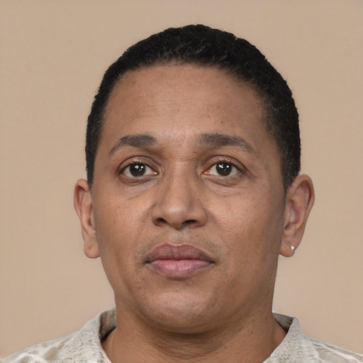 Neutral latino adult male with short  black hair and brown eyes