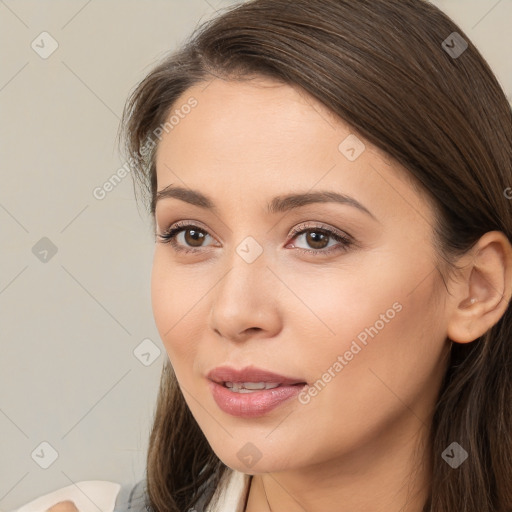 Neutral white young-adult female with long  brown hair and brown eyes