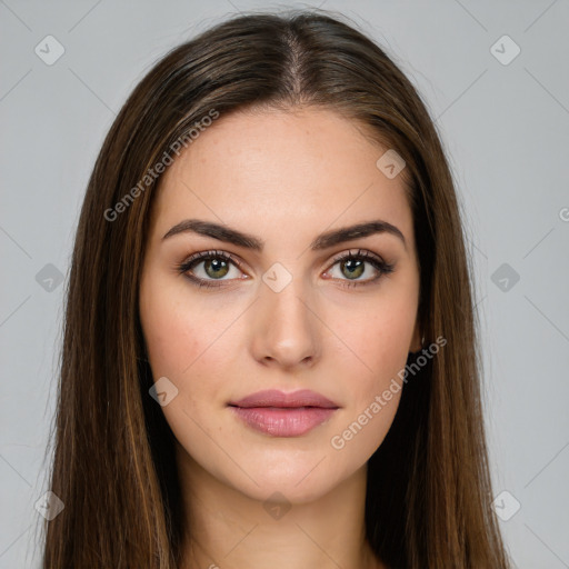 Neutral white young-adult female with long  brown hair and brown eyes