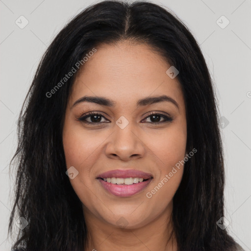 Joyful latino young-adult female with long  brown hair and brown eyes