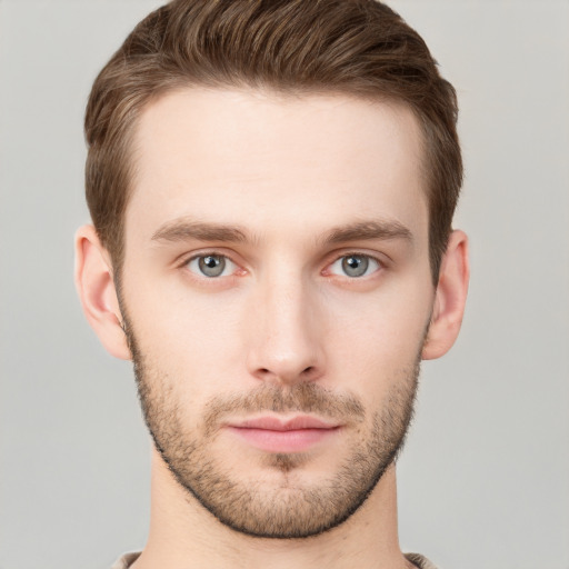 Neutral white young-adult male with short  brown hair and grey eyes