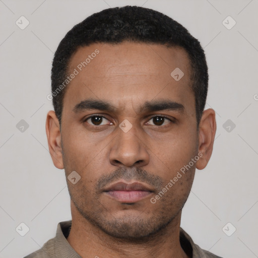 Neutral latino young-adult male with short  black hair and brown eyes