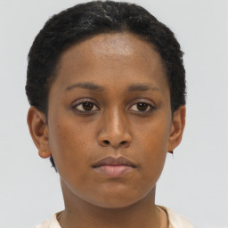 Neutral black young-adult female with short  brown hair and brown eyes