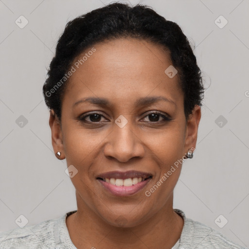 Joyful latino young-adult female with short  black hair and brown eyes