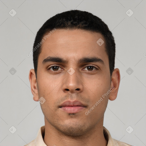 Neutral latino young-adult male with short  black hair and brown eyes