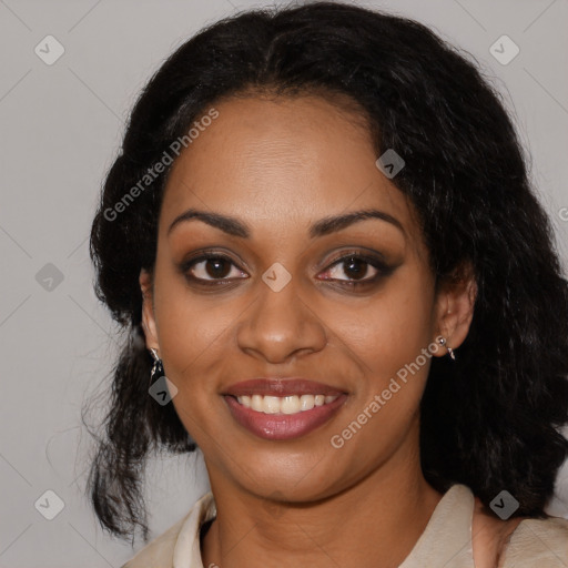 Joyful latino young-adult female with long  black hair and brown eyes
