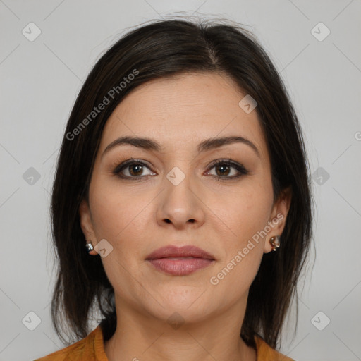 Joyful white young-adult female with medium  brown hair and brown eyes