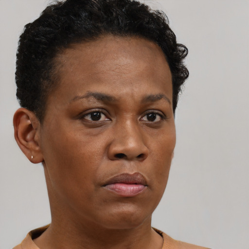 Neutral black young-adult female with short  brown hair and brown eyes