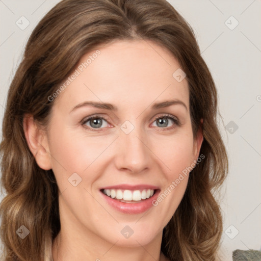 Joyful white young-adult female with medium  brown hair and green eyes