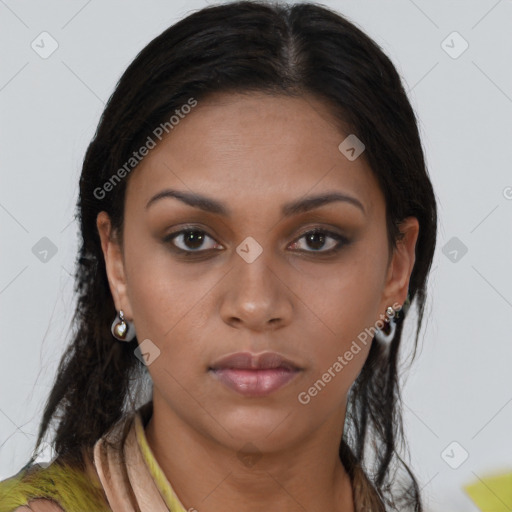 Neutral black young-adult female with long  brown hair and brown eyes