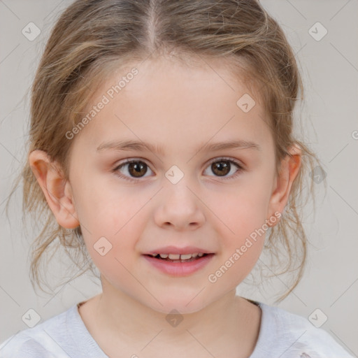 Joyful white child female with medium  brown hair and brown eyes