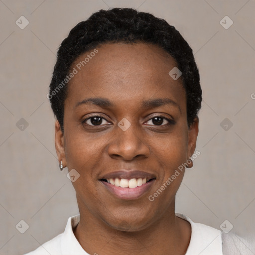 Joyful black young-adult female with short  black hair and brown eyes