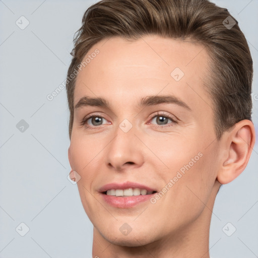 Joyful white young-adult female with short  brown hair and brown eyes