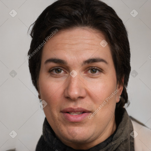 Joyful white adult female with short  brown hair and brown eyes