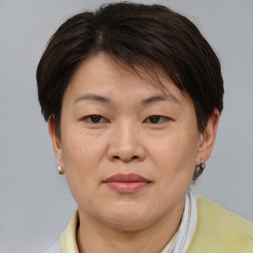 Joyful asian adult female with short  brown hair and brown eyes