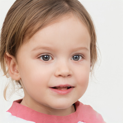 Joyful white child female with medium  brown hair and grey eyes