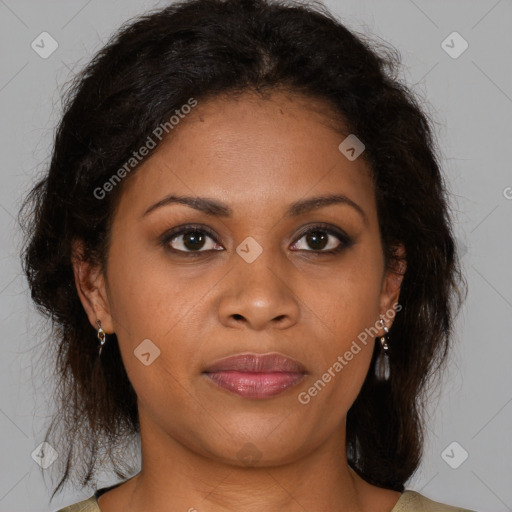 Joyful black young-adult female with medium  brown hair and brown eyes