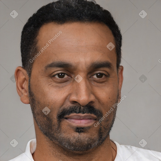 Joyful latino adult male with short  black hair and brown eyes