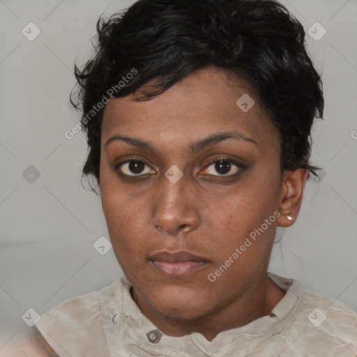 Neutral black young-adult female with short  black hair and brown eyes