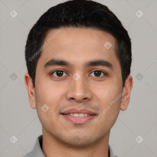 Joyful white young-adult male with short  black hair and brown eyes