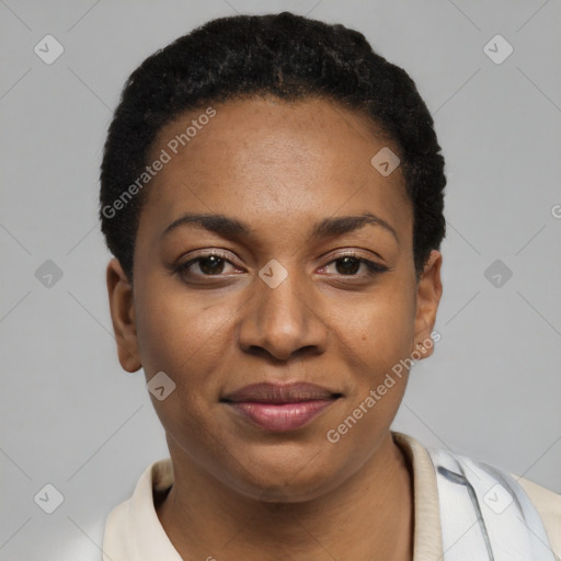 Joyful black young-adult female with short  black hair and brown eyes