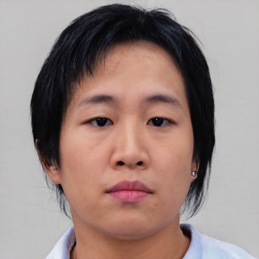 Neutral asian young-adult female with medium  black hair and brown eyes