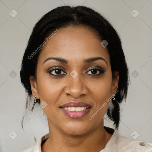 Joyful black young-adult female with medium  brown hair and brown eyes