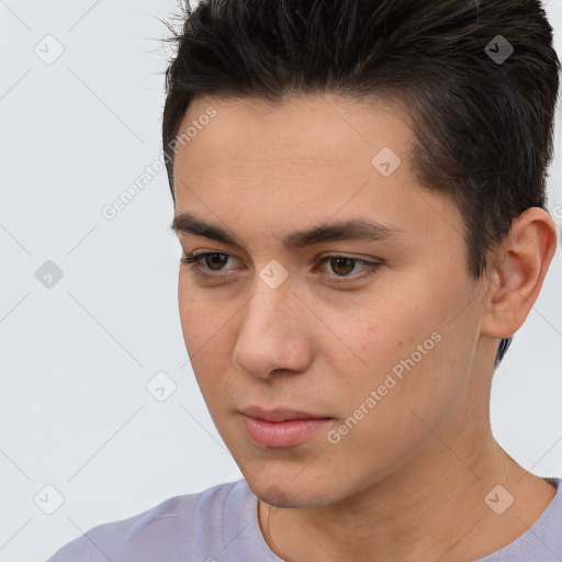 Neutral white young-adult male with short  brown hair and brown eyes