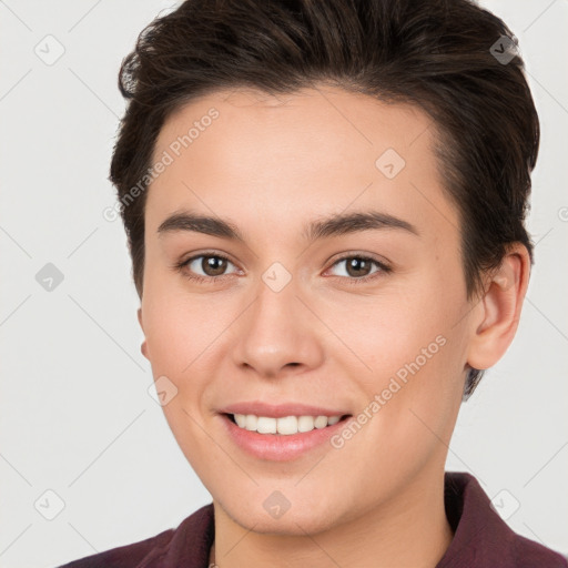 Joyful white young-adult female with short  brown hair and brown eyes