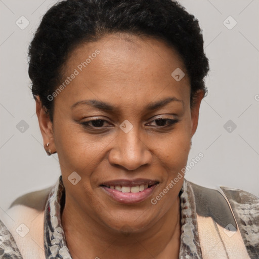 Joyful black adult female with short  brown hair and brown eyes