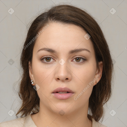 Neutral white young-adult female with medium  brown hair and brown eyes