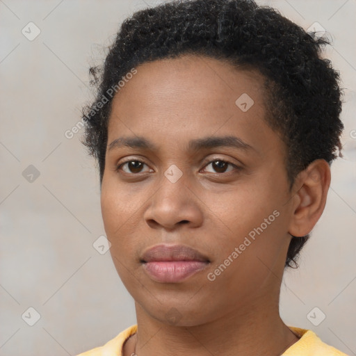 Neutral black young-adult female with short  brown hair and brown eyes