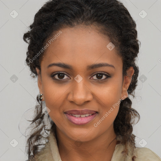 Joyful black young-adult female with long  brown hair and brown eyes