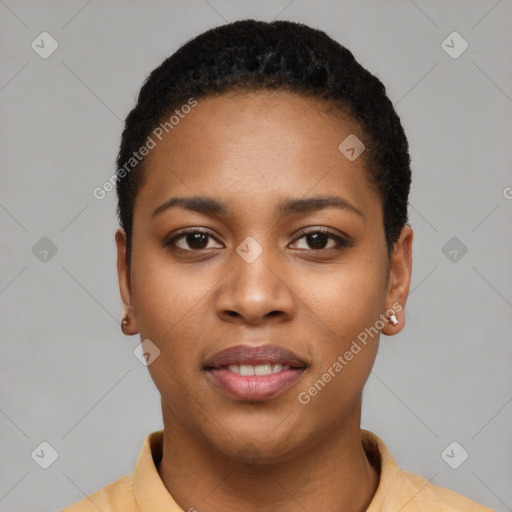 Joyful black young-adult female with short  black hair and brown eyes