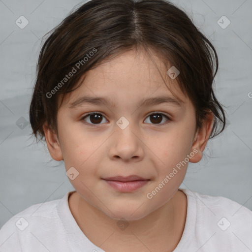 Joyful white child female with medium  brown hair and brown eyes