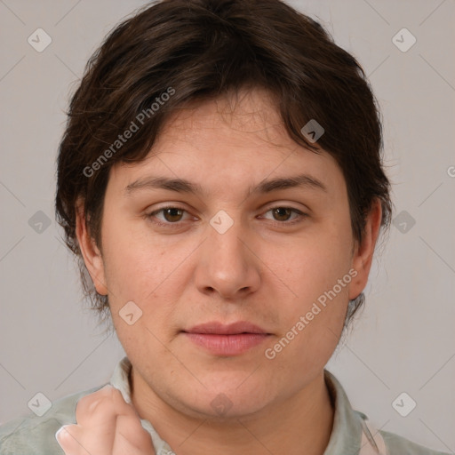 Joyful white young-adult female with medium  brown hair and brown eyes