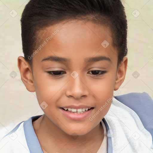 Joyful white child female with short  brown hair and brown eyes