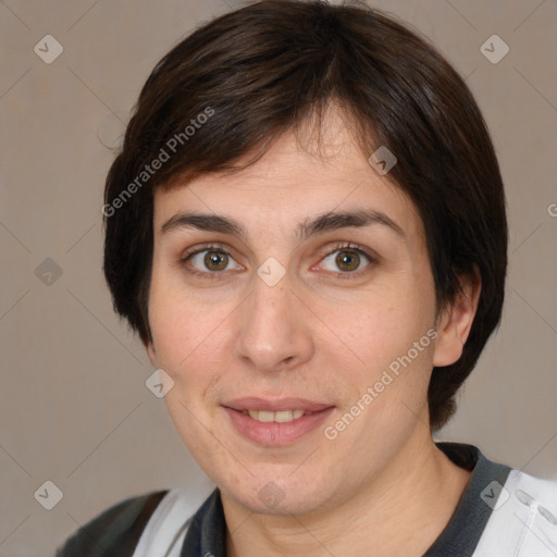 Joyful white adult female with medium  brown hair and brown eyes