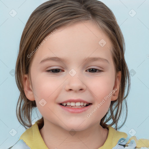 Joyful white child female with medium  brown hair and brown eyes