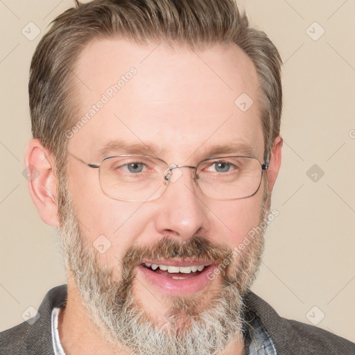 Joyful white adult male with short  brown hair and grey eyes