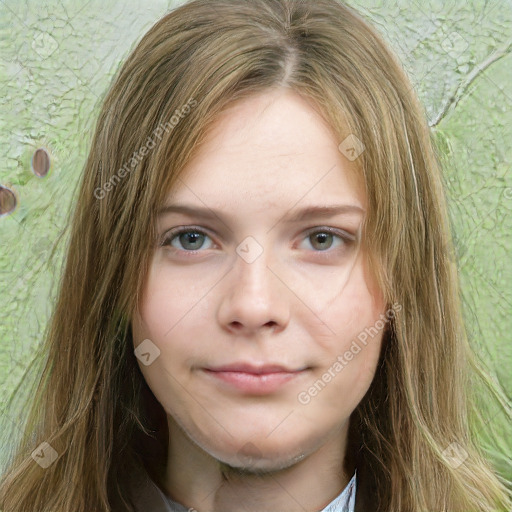 Joyful white young-adult female with long  brown hair and green eyes