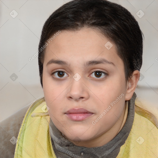 Neutral white young-adult female with short  brown hair and brown eyes