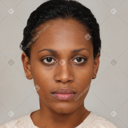 Neutral black young-adult female with short  black hair and brown eyes