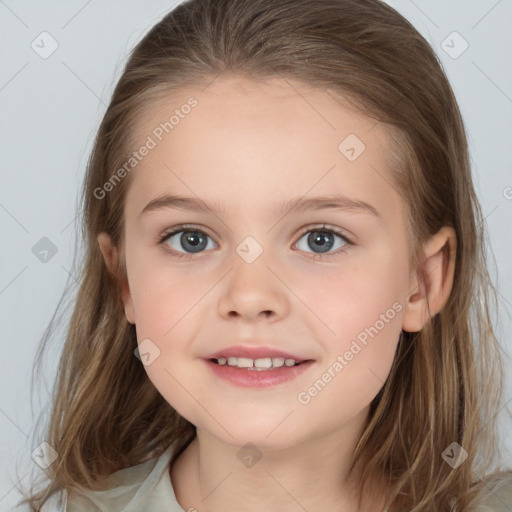 Joyful white child female with medium  brown hair and brown eyes