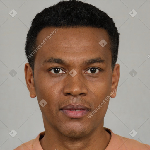 Neutral black young-adult male with short  black hair and brown eyes