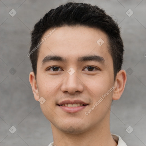 Joyful white young-adult male with short  black hair and brown eyes